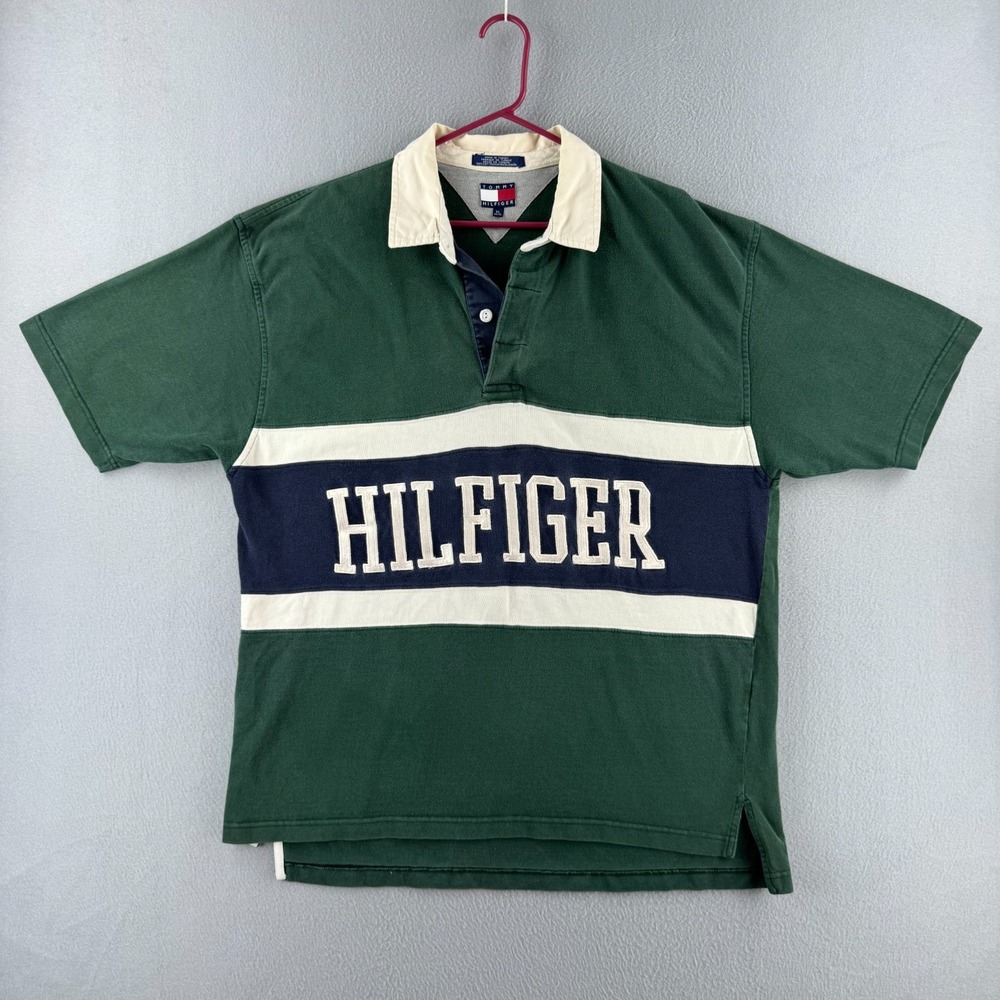 Vintage Tommy Hilfiger Rugby Polo Shirt Mens XL Green 90s Y2K Snoop Dogg Preppy